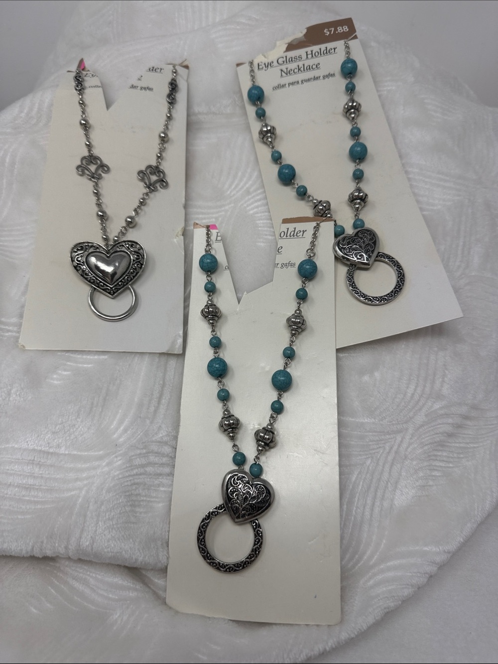 Lot of 3 Fashion Necklaces Eyeglass & ID Holder Silver Tone Heart Turquoise Boho